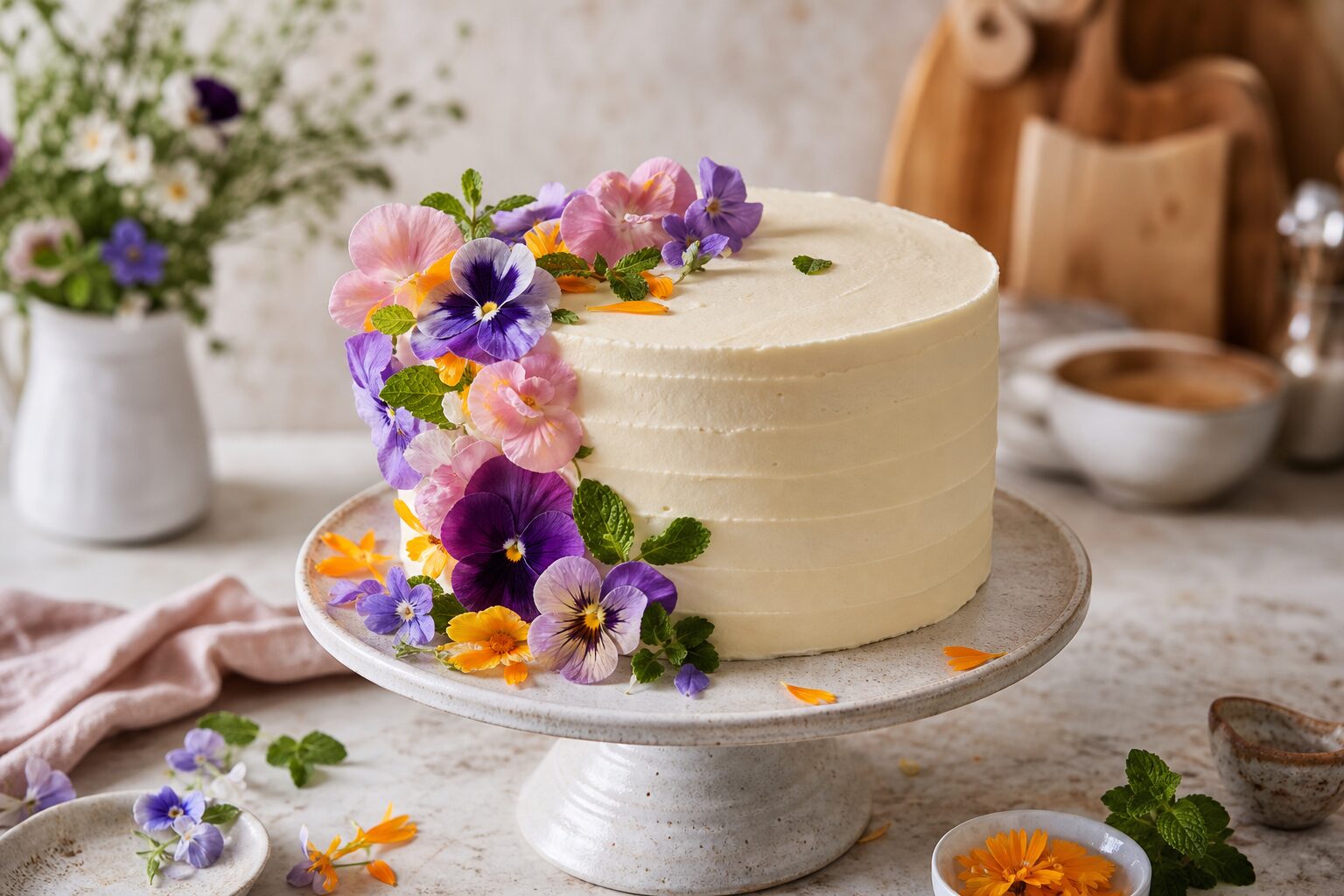 Festliche Torte mit heller Buttercreme, essbaren Blüten und kleinen Minzblättern