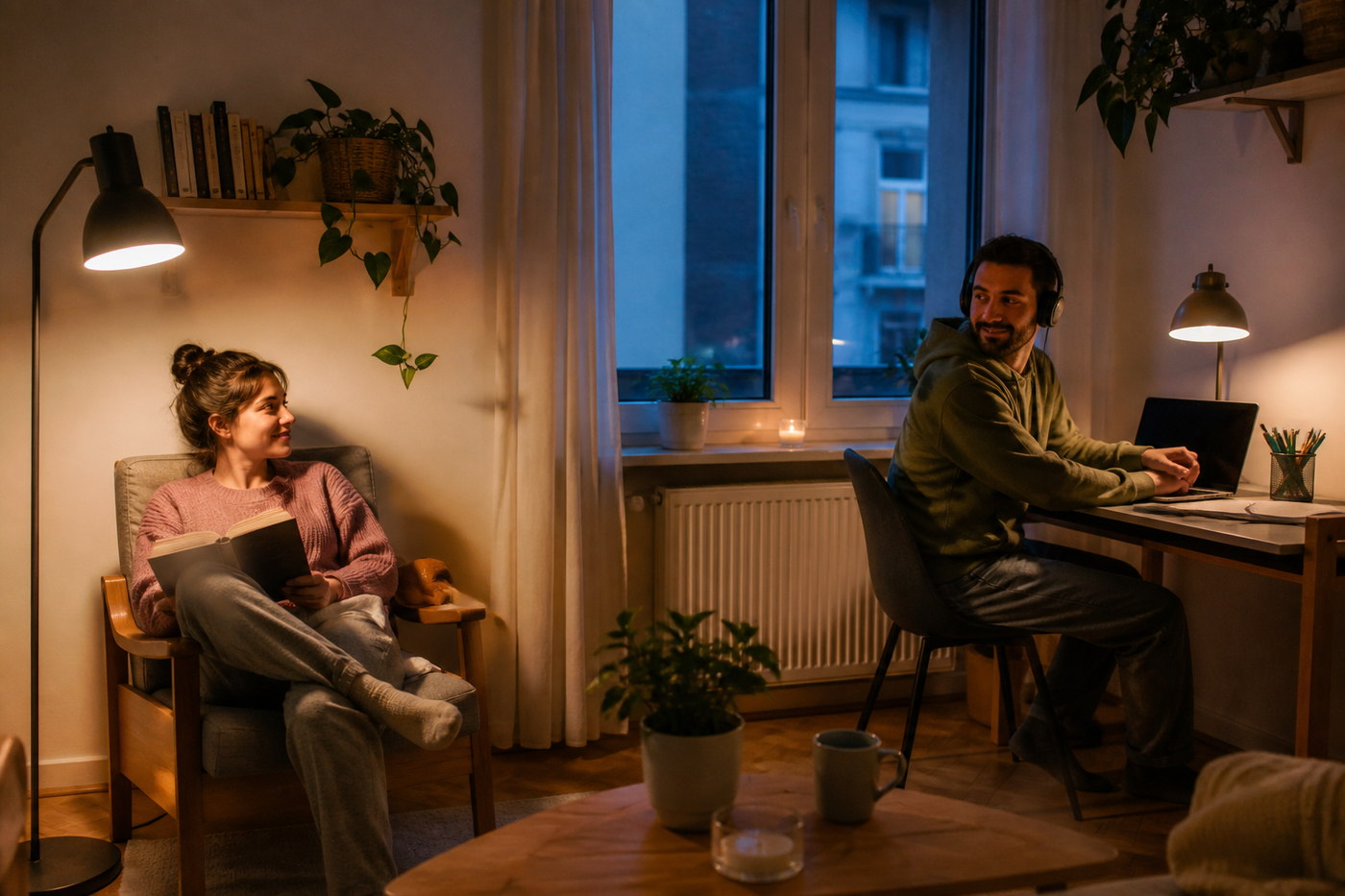 Paar verbringt einen ruhigen Abend in getrennten Bereichen desselben Wohnzimmers