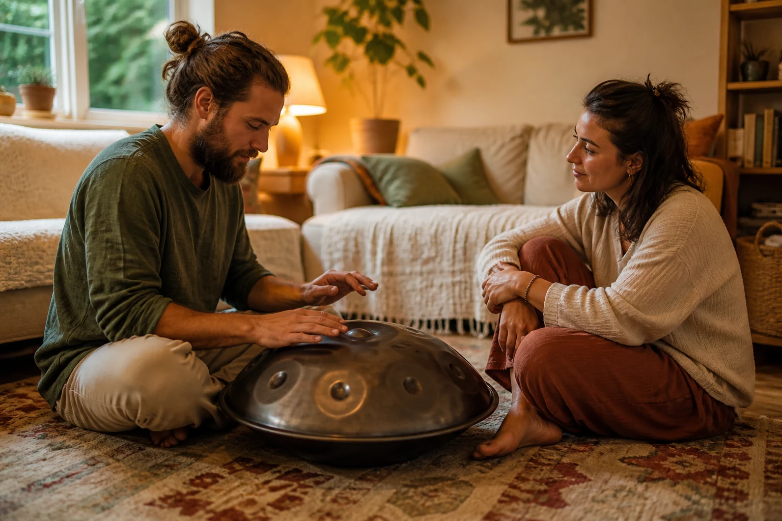 Paar pflegt zu Hause ein gemeinsames Klangritual mit einer Handpan